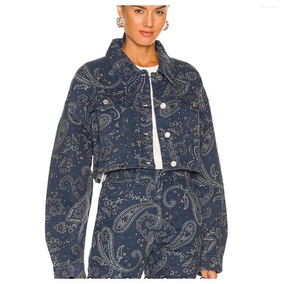 WEWOREWHAT Cropped Jean Jacket, Rigid Denim Paisley Print, Sz. M-L /NWT - Picture 9 of 17